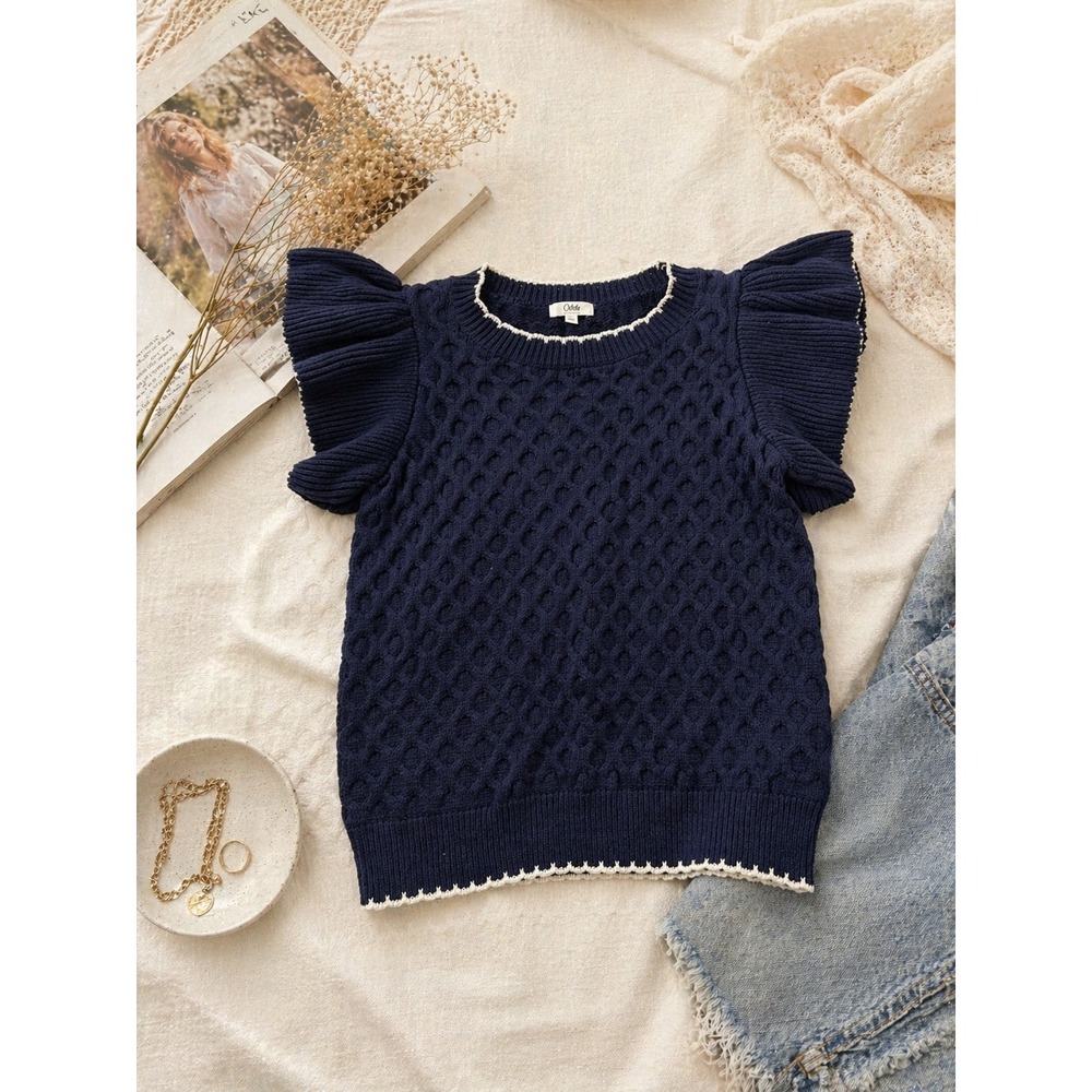 Oddi Navy Blue Pointelle Knit Flutter Sleeve‎ Top Womens Size M